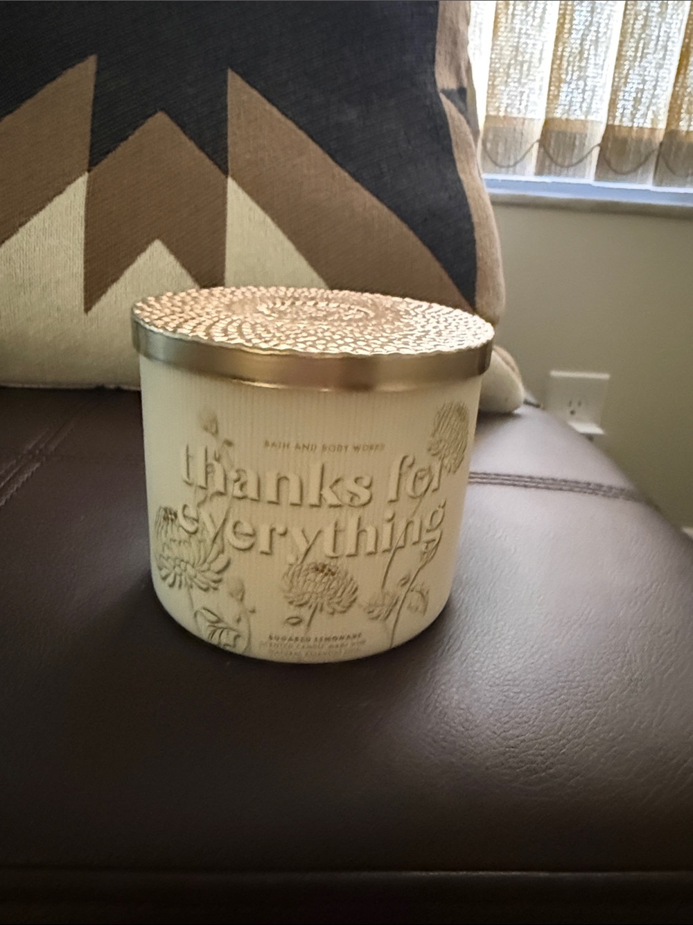 Bath & Body Works Cream Decorative 'Thanks for Everything' Candle with Gold Lid